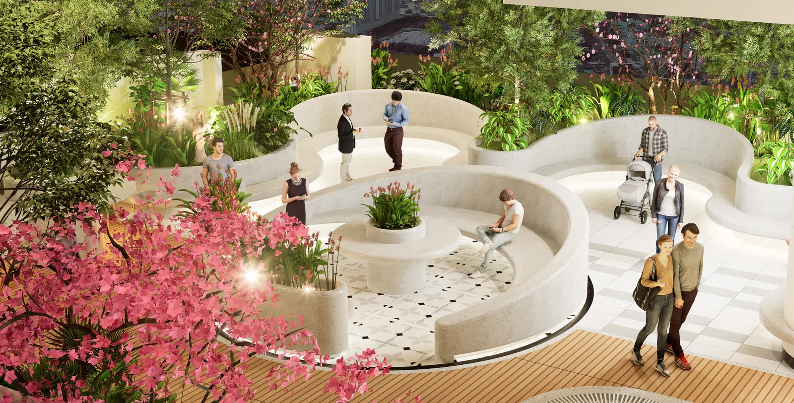 Kingston Royale — garden plaza with seating (render)