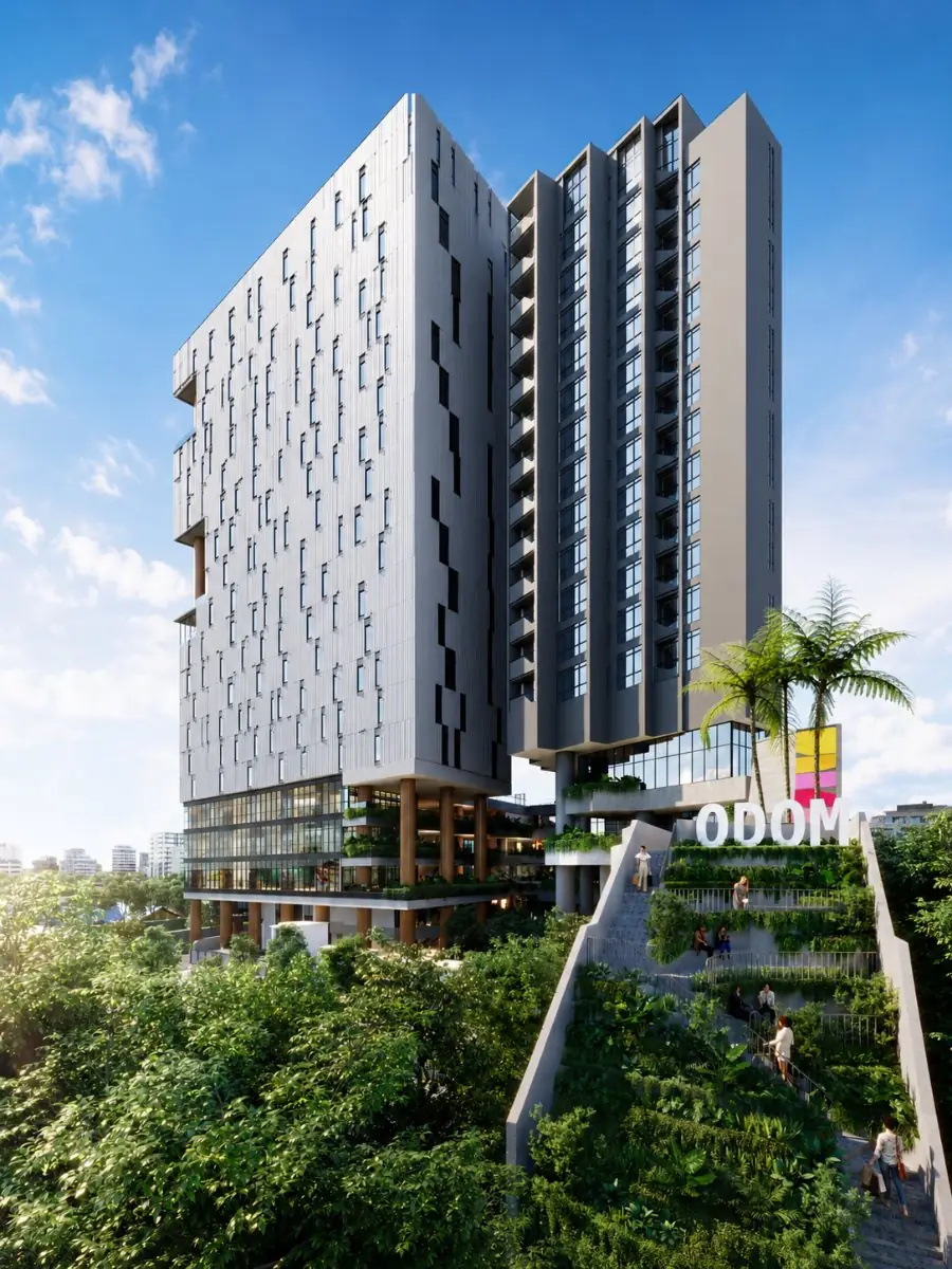 Odom Tower — entrance and green terraces
