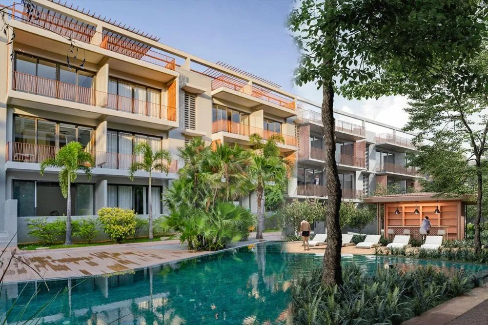 Completed low-rise Angkor Grace Residence buildings beside the pool, Siem Reap