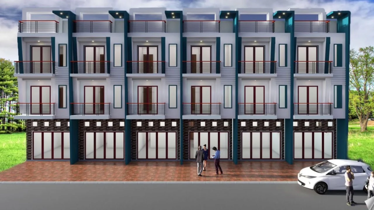 Two-storey link house render at Borey Sokea City, Siem Reap
