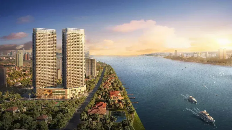 Completed La Vista One towers on the Chroy Changvar riverfront, Phnom Penh