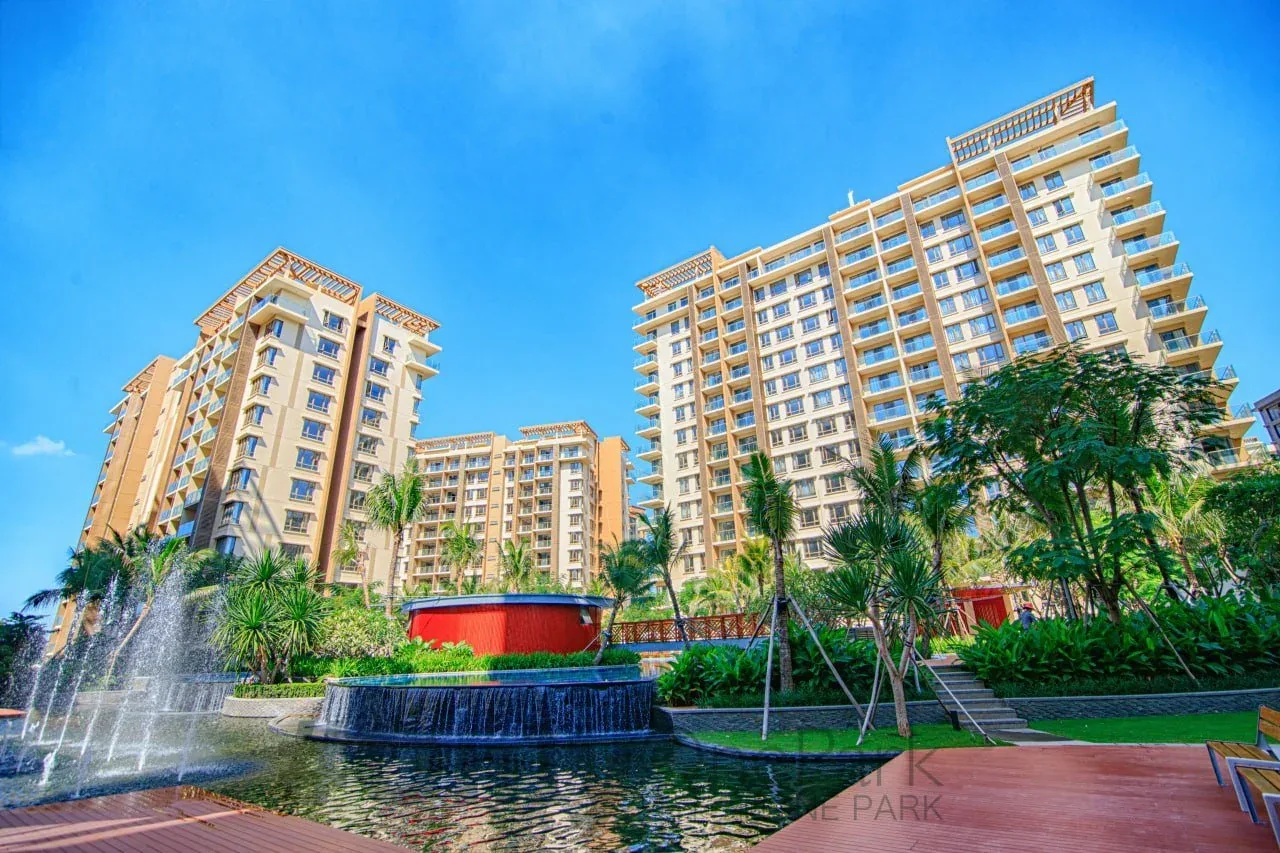 Completed One Park residential buildings around the landscaped courtyard in Phnom Penh