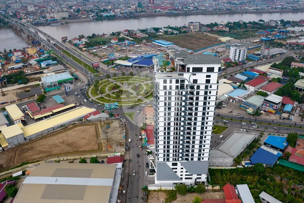Completed The Peninsula Private Residences tower in Chroy Changvar, Phnom Penh