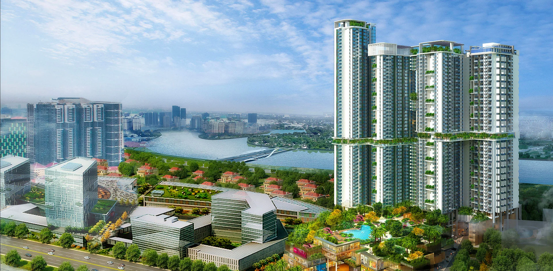 Render of the Urban Village Phase 2 residential towers on Hun Sen Boulevard in Phnom Penh
